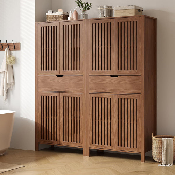 Farmhouse Storage Cabinet Set of 2 with Drawer & Adjustable Shelves
