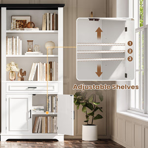 6-Tier Farmhouse Bookcase with Cabinet Doors and Drawer – 70" Tall