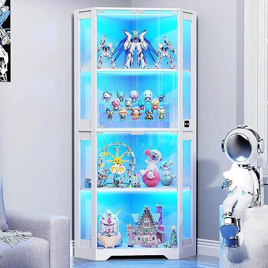 Corner Display Cabinet with LED Lights, 4-Tier Glass Curio Cabinet with Human Sensor, 65"H