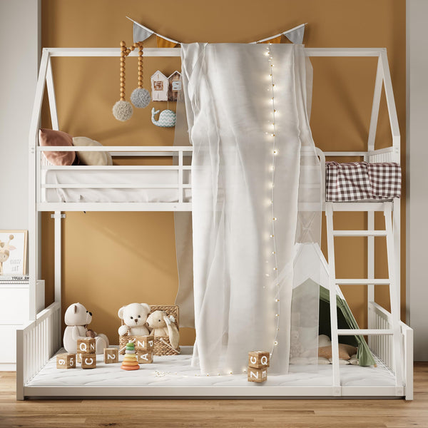 Twin Over Full House Bunk Bed – Metal Frame with Ladder & Guardrail