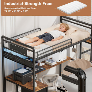 Twin Loft Bed with L-Shaped Desk, LED Lights & Storage