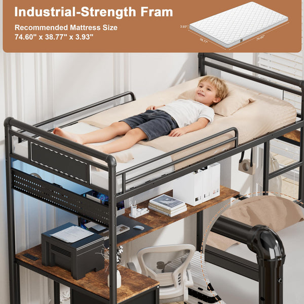 Twin Loft Bed with L-Shaped Desk, LED Lights & Storage