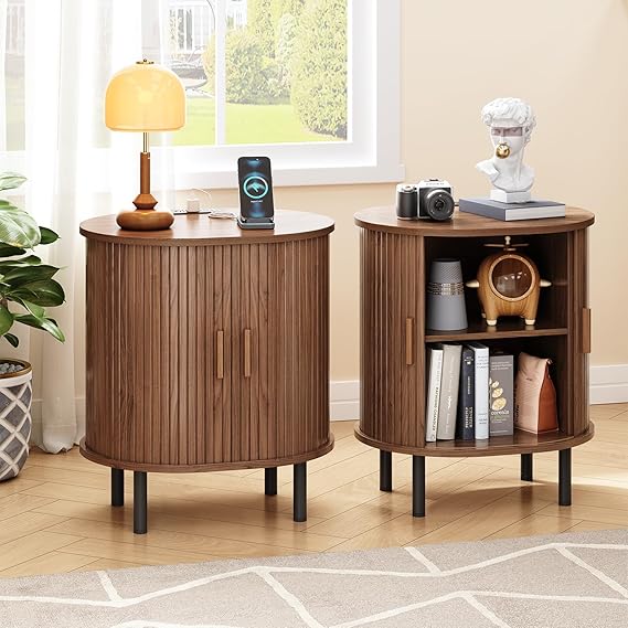 Fluted End Table with Storage & Charging Station