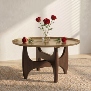 Round Coffee Table with Gold Tray Top & Walnut Base