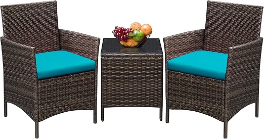 3-Piece Outdoor Rattan Patio Furniture Set with Cushions & Glass Table