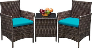 3-Piece Outdoor Rattan Patio Furniture Set with Cushions & Glass Table