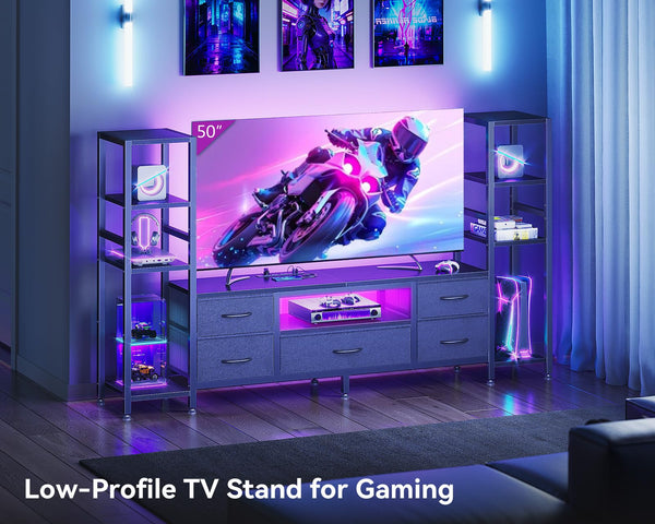 TV Stand with LED Lights, Power Outlets & 5 Fabric Drawers – 71" & 87"