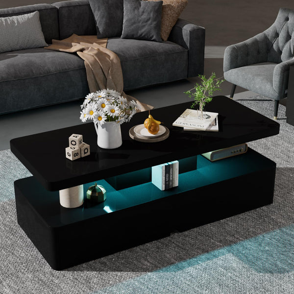 LED Coffee Table with Storage & Double-Layer Shelves