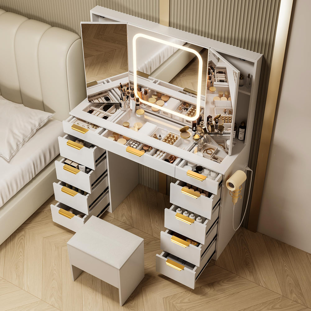 11-Drawer Vanity Desk with Foldable Mirror & LED Lights
