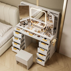 11-Drawer Vanity Desk with Foldable Mirror & LED Lights