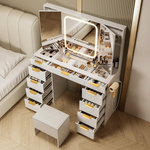 11-Drawer Vanity Desk with Foldable Mirror & LED Lights