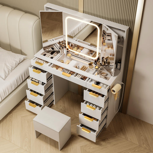 11-Drawer Vanity Desk with Foldable Mirror & LED Lights