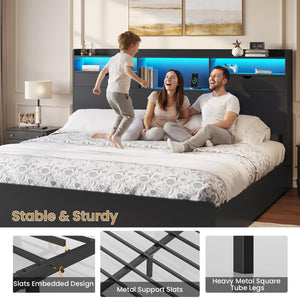 King Bed Frame with Storage Drawers, LED Lights & Charging Station