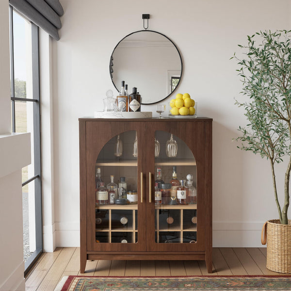 Wine Bar Cabinet with Glass Doors, Wine & Glass Rack, Mid-Century Modern Sideboard