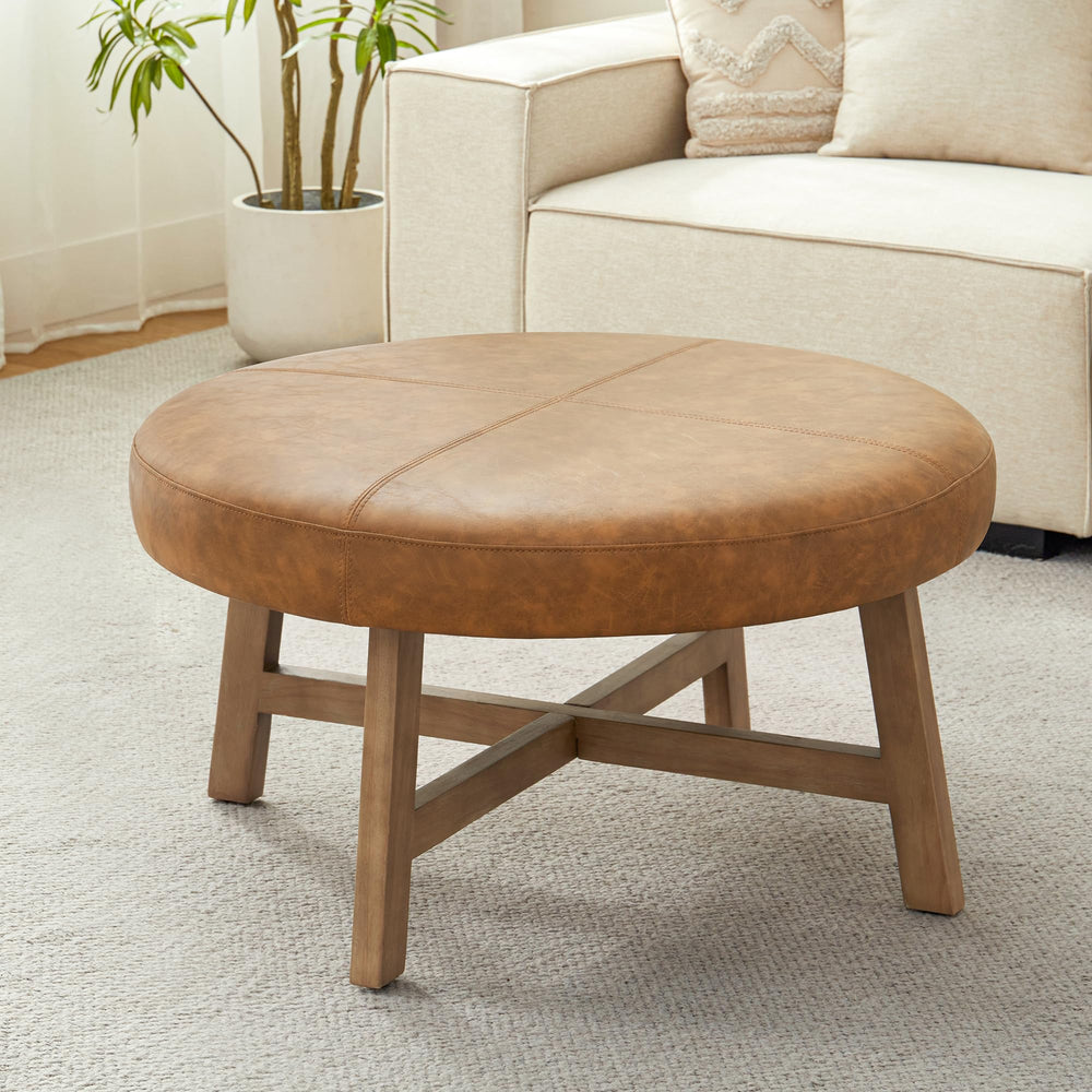 Round Upholstered Ottoman Coffee Table – Mid Century Modern, Leather Top