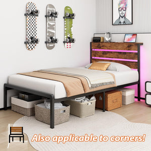 Twin Bed Frame with LED Lights & Charging Station