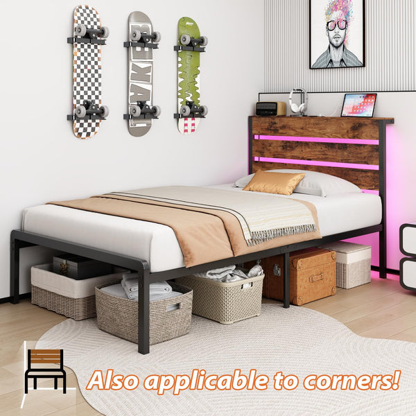 Twin Bed Frame with LED Lights & Charging Station