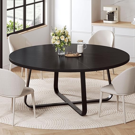 LVB 60-Inch Round Dining Table, Modern Wood Metal Kitchen Tables, Industrial Large Dinner Room Table for 6 to 8, Circle Dining Room Tables for Home Kitchen Living Room, Walnut