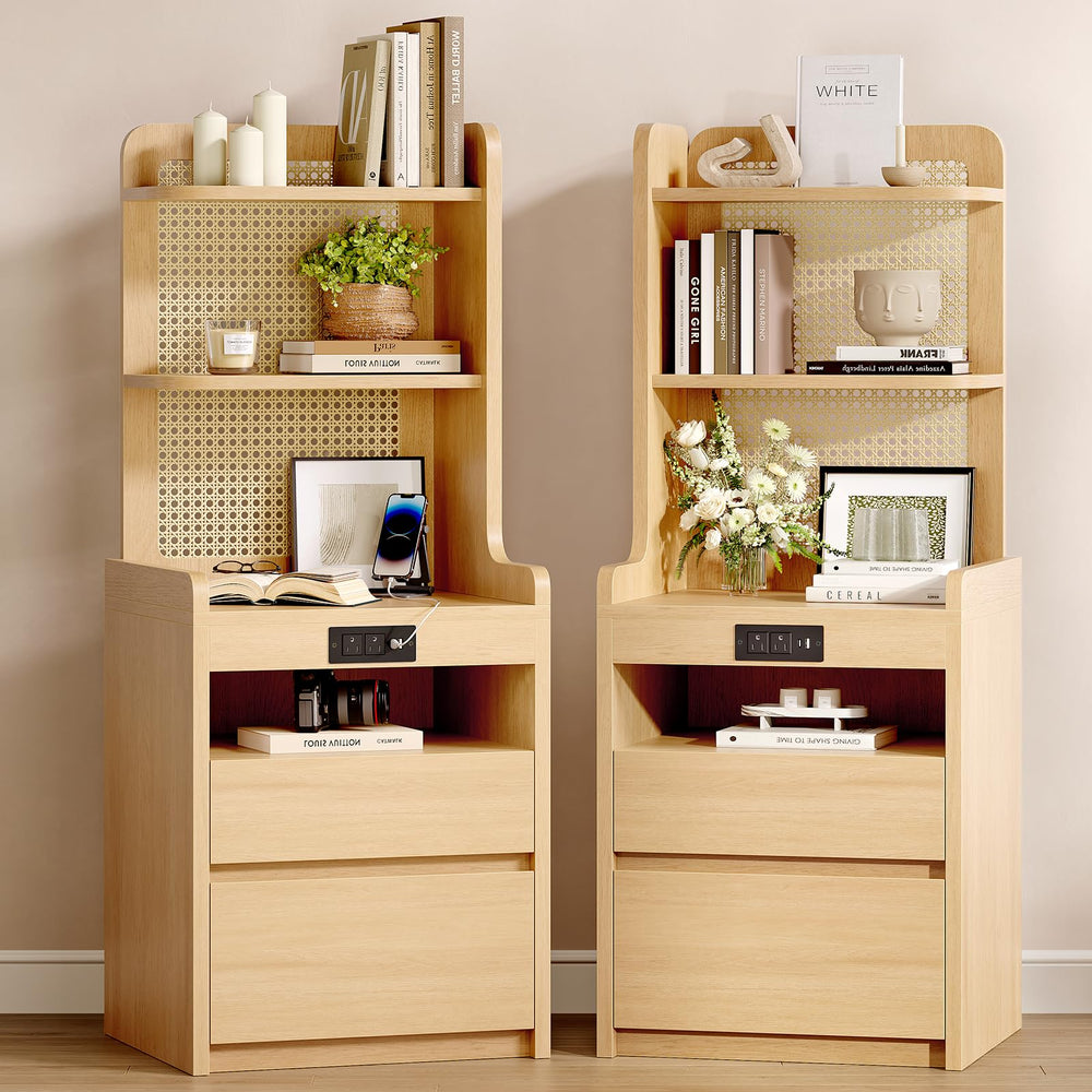 Tall Rattan Corner Nightstand with Charging Station