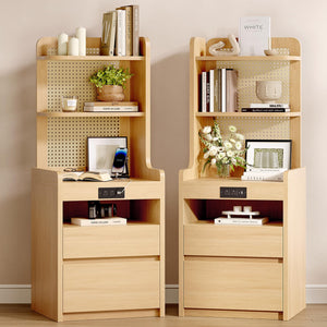 Sikaic 2PCS Tall Rattan Nightstand with Charging Station, Adjustable 90° Corner Bedside Table with 2 Drawers and Open Bookshelf, High Capacity End Side Table for Bedroom, Small Spaces, Natural Wood