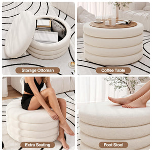 Round Sherpa Storage Ottoman Coffee Table