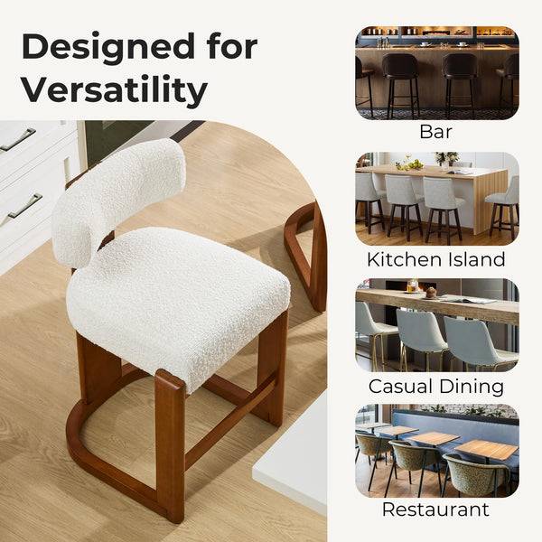 Modern Boucle Counter Height Bar Stools Set of 2 with Wood Legs