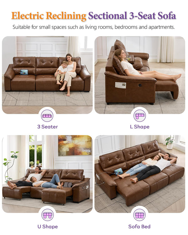 Electric Power Reclining Sectional Sofa with USB Charging & Cup Holders