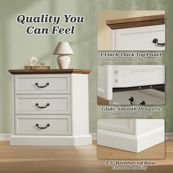 Farmhouse Nightstand with Charging Station & 3 Drawers