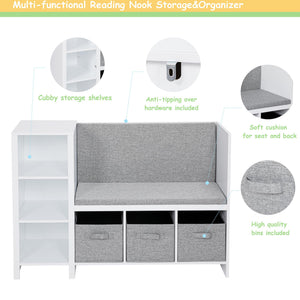Kids Reading Nook Bench with Bookshelf and Storage Organizer