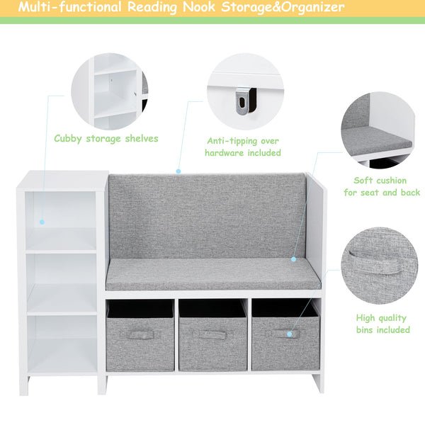 Kids Reading Nook Bench with Bookshelf and Storage Organizer