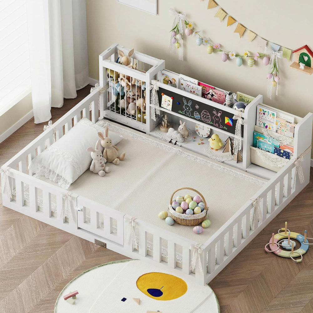 Montessori Floor Bed with Door, Guard Rails, Chalkboard & Bookshelf – Kids Bed Frame