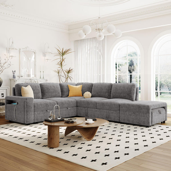 L-Shaped Modular Sectional Sofa with Storage Ottoman, USB Ports & Cup Holder
