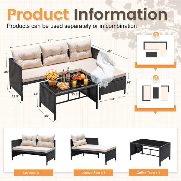 3-Piece L-Shaped Outdoor Rattan Sectional Sofa Set with Glass Table