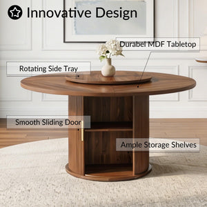 Kaelothaven 55.1 Inch Round Dining Table for 4-6, Modern Kitchen Table with Storage, Circle Dining Room Table with Wooden Pedestal Base for Living Room, Dining Room & Kitchen, Walnut