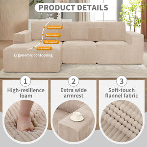 3-Piece Modular Cloud Sectional Sofa – Corduroy, No Assembly Required