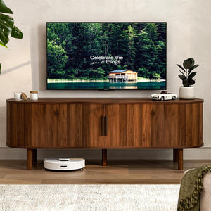 Mid-Century TV Stand with Sliding Doors & Storage Cabinets