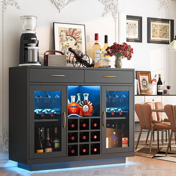 Wine Bar Cabinet with LED Lights & Glass Rack