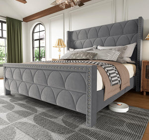 Velvet Wingback Platform Bed Frame with 56" Headboard