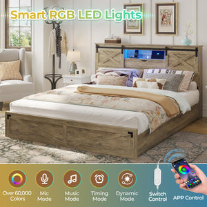 Farmhouse Bed Frame with Storage Headboard, LED Lights & Charging Station