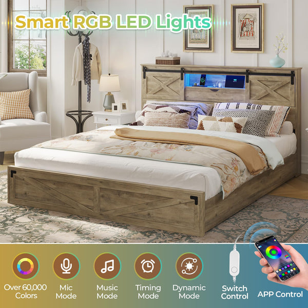 Farmhouse Bed Frame with Storage Headboard, LED Lights & Charging Station