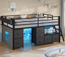 Low Loft Bed Twin Size with Storage Drawers, Bookcase and LED Lights