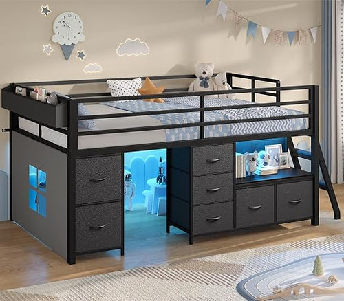 Low Loft Bed Twin Size with Storage Drawers, Bookcase and LED Lights