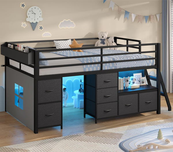 Twin Low Loft Bed with Storage Drawers, Bookcase & LED Lights
