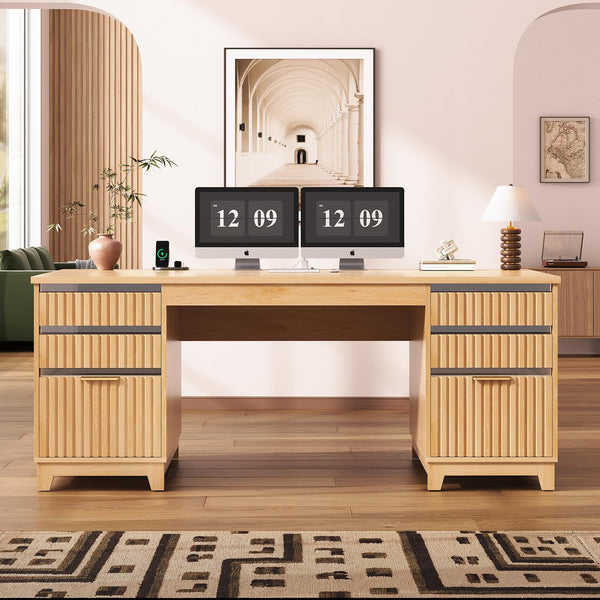 55.1" Fluted Executive Desk with 6 Drawers & Power Outlets