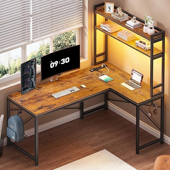 L-Shaped Corner Desk with Power Outlet & LED Lights