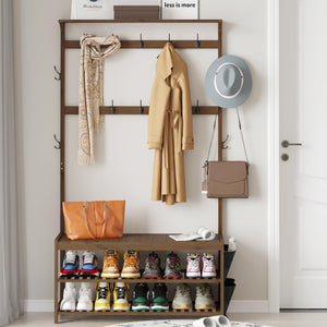 Bamboo Hall Tree with Bench, Shoe Storage & 14 Coat Hooks
