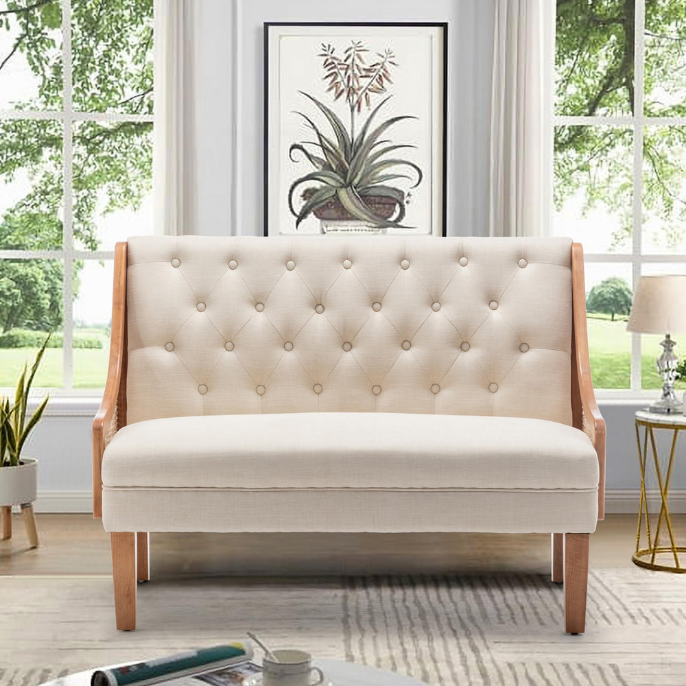Mid-Century Modern Settee Loveseat with Rattan Arms & Tufted Linen Back