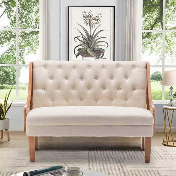 Mid-Century Modern Settee Loveseat with Rattan Arms & Tufted Linen Back
