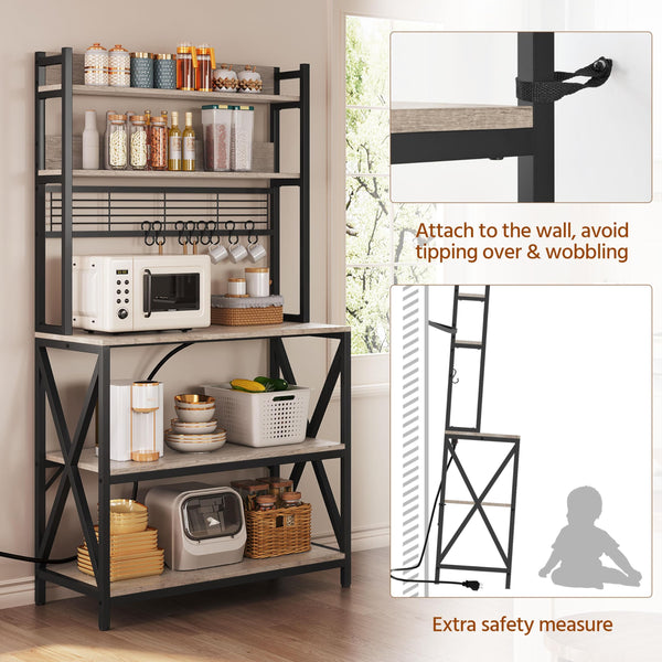 Yaheetech Kitchen Bakers Rack with Power Outlet & LED Lights, 5 Tiers Coffee Bar Table with 8 S Hooks, 64 Inches Tall Microwave Oven Stand with Storage for Spices, Pots, Gray