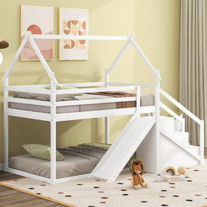 Twin Over Twin Bunk Bed with Storage Stairs & Guardrails